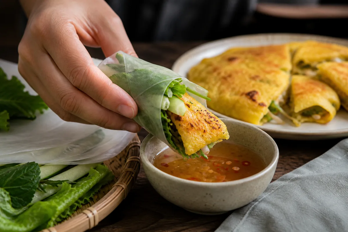 Temporary editorial illustration of a banh xeo, herb and cucumber roll being dipped into sauce