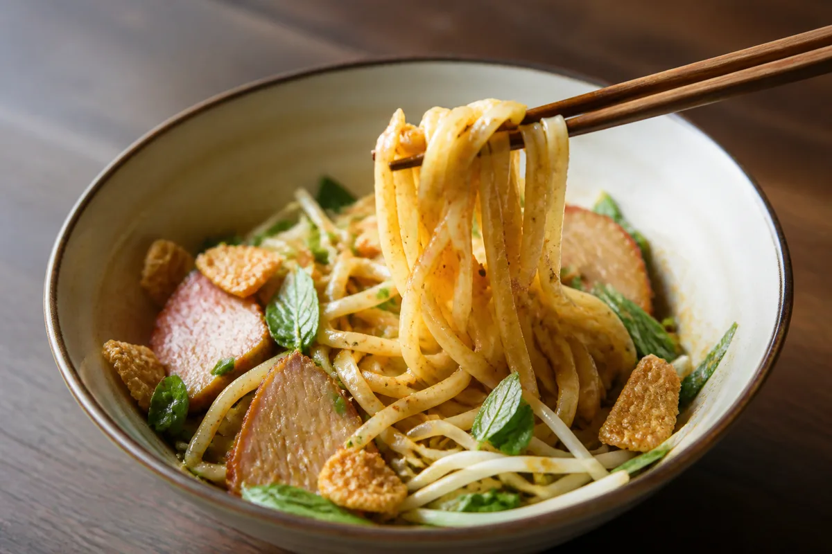 Temporary editorial illustration of coated cao lau-style noodles being lifted after the bowl is mixed