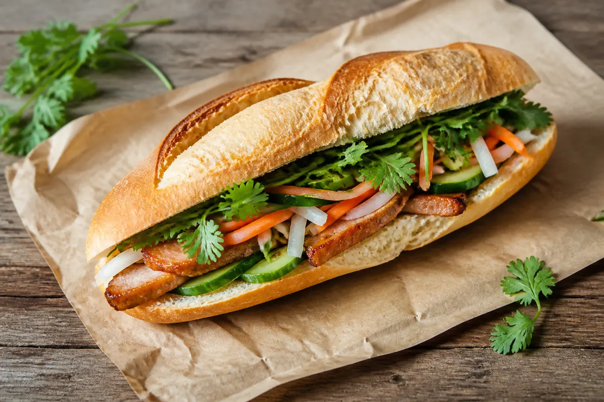 A crisp banh mi filled with herbs, cucumber and pickled vegetables