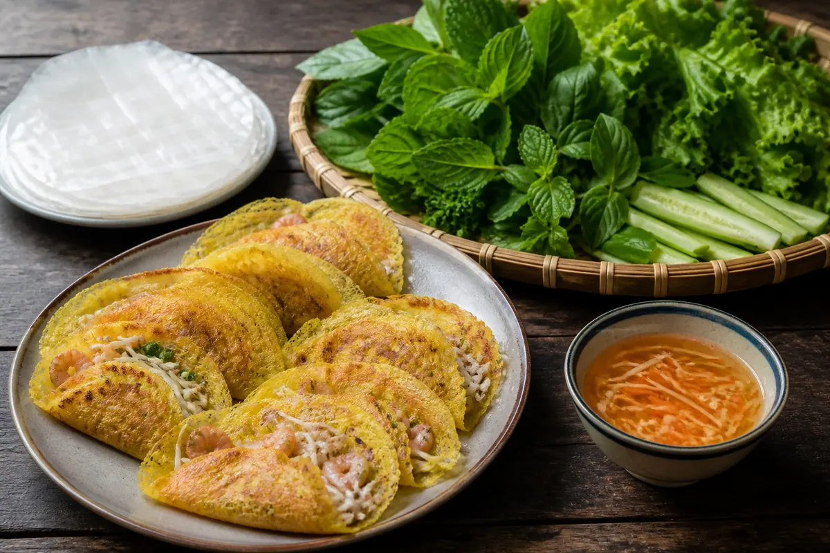 Small crisp banh xeo pancakes served with rice paper, herbs and dipping sauce