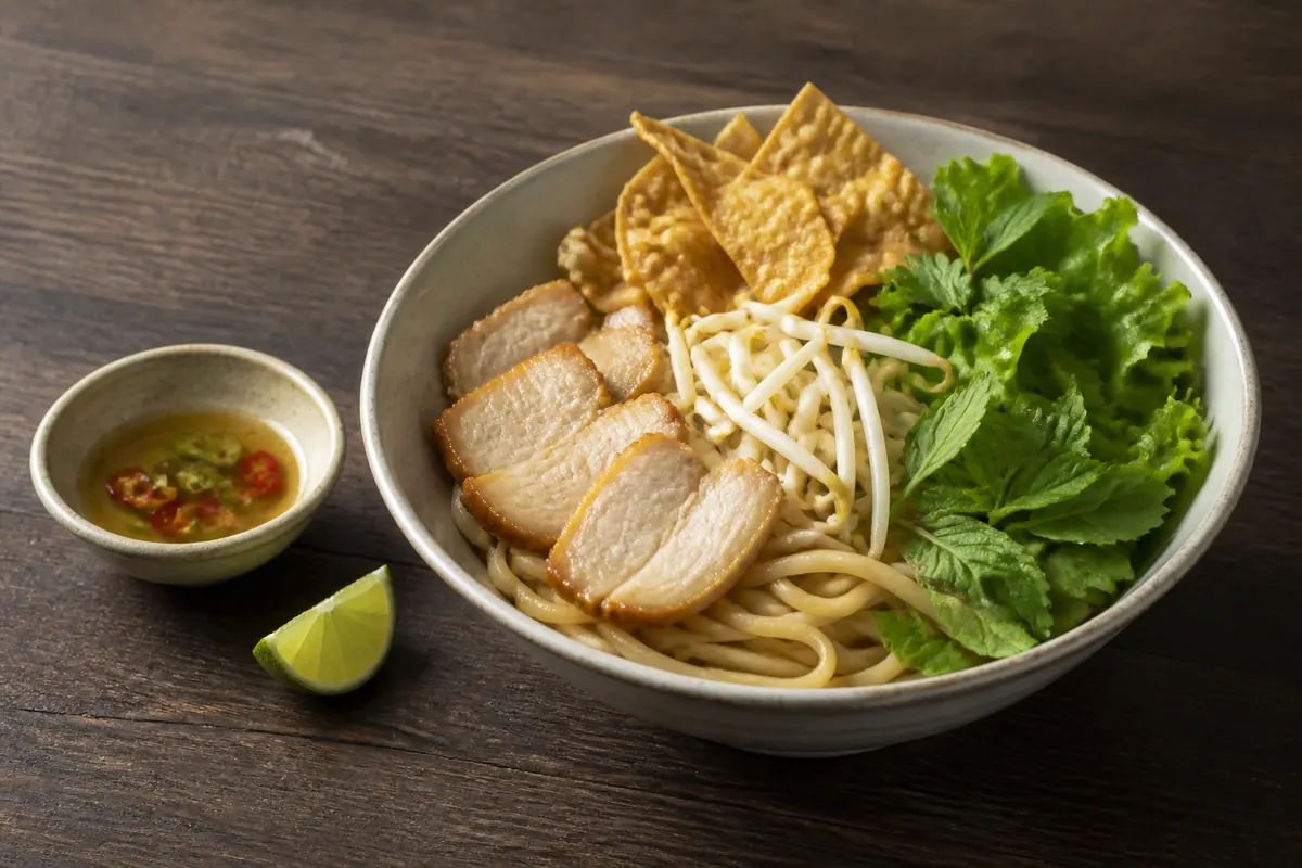 A bowl inspired by cao lau with thick noodles, pork, herbs and crisp rice crackers