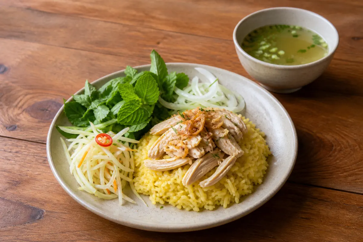 Golden chicken rice with shredded chicken, fresh herbs, green papaya and broth