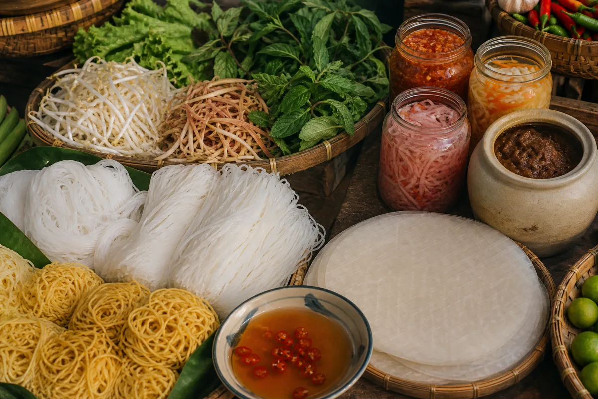 Editorial illustration of noodles, rice paper, herbs and unlabeled condiments