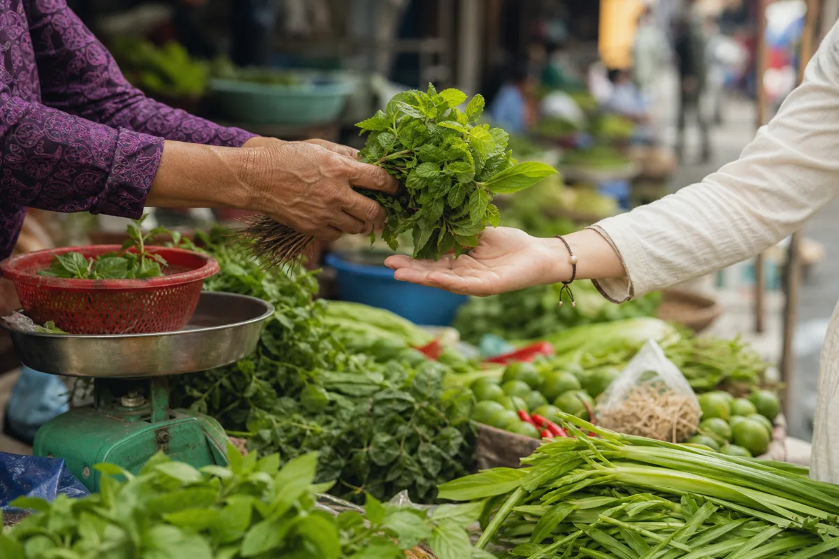 Editorial illustration of a vendor handing fresh herbs to a customer