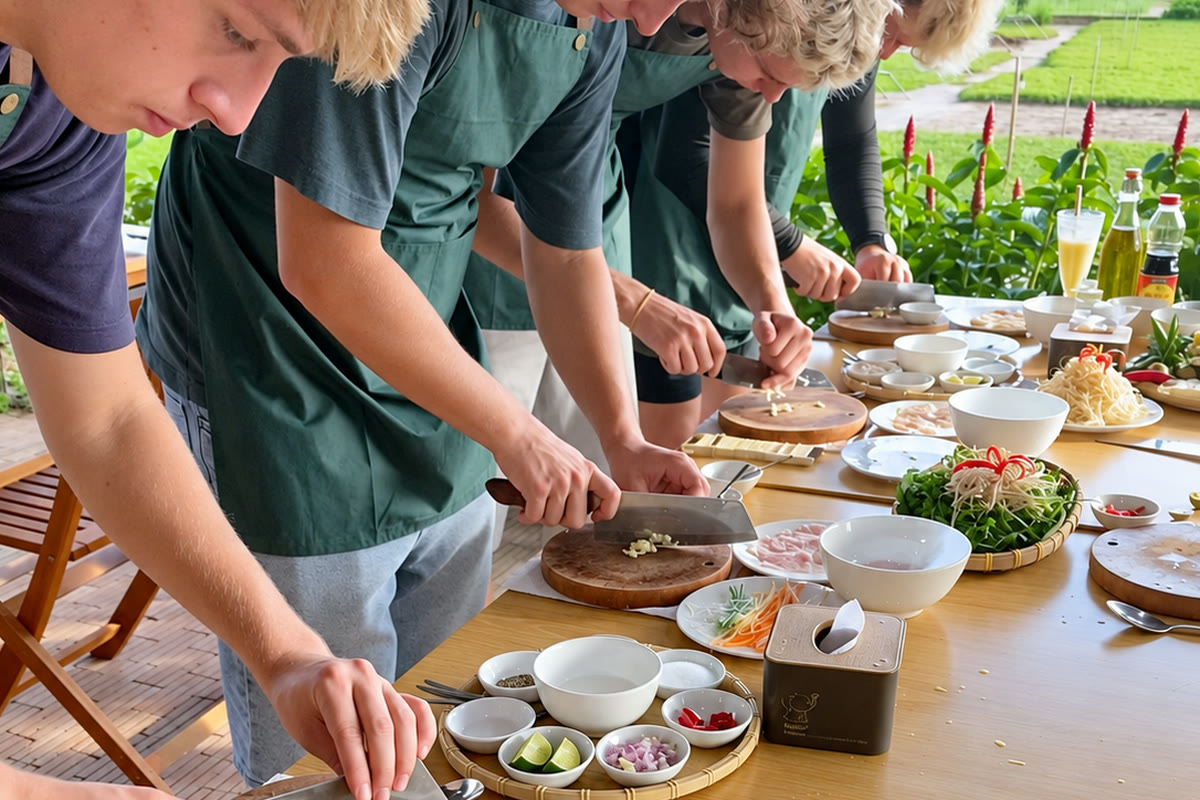 Guests preparing fresh ingredients at a cooking table beside the gardens in Tra Que Vegetable Village
